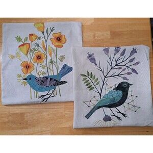 Colorful Bird and Floral Print Decorative Pillow Covers 17.5" x 17.5"